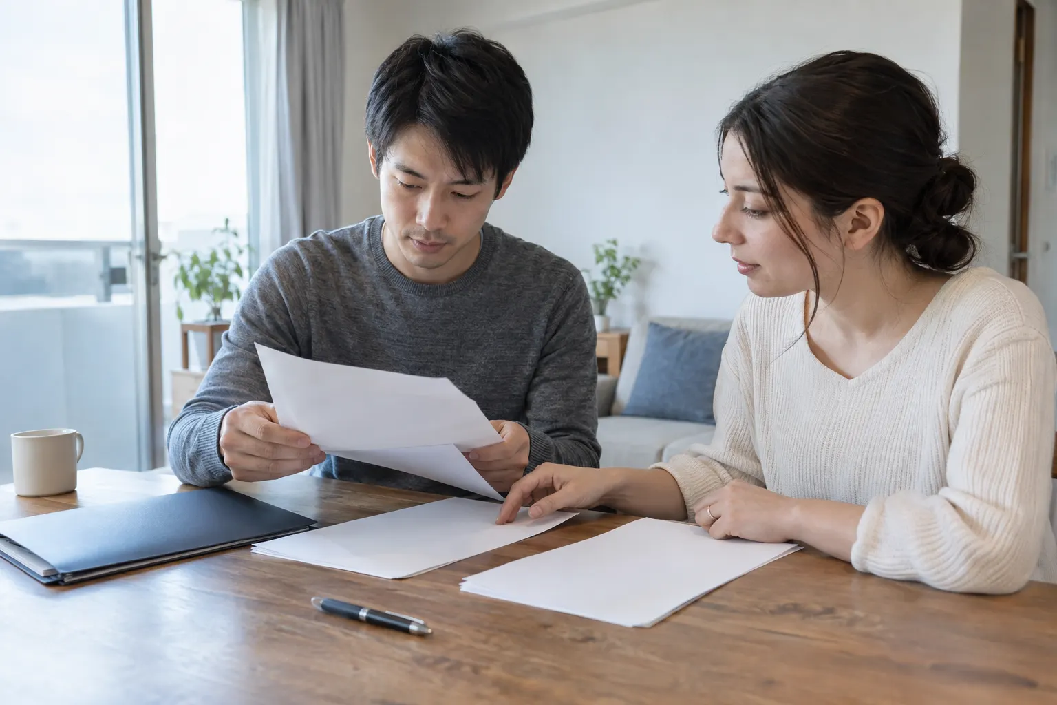 書類を広げて相談する夫婦