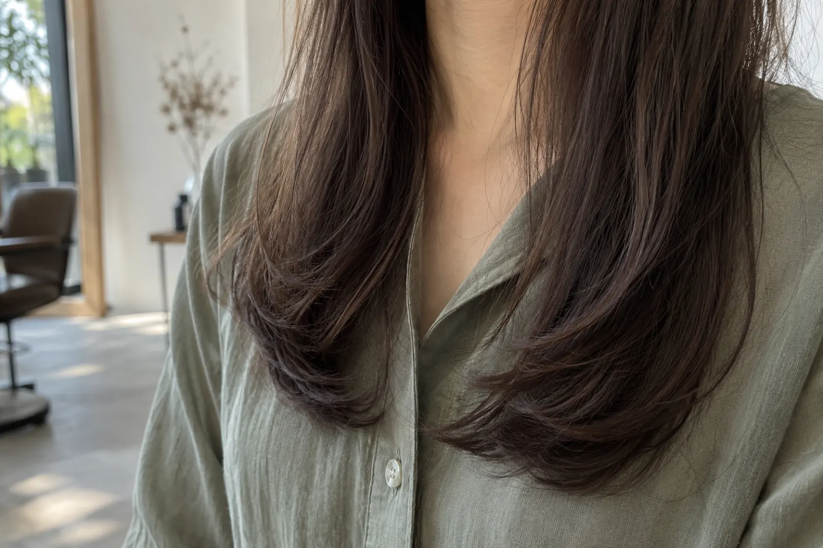 自然光を受ける深いブラウンの毛先とセージ色の服
