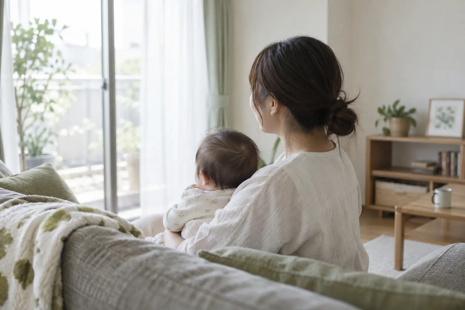 自宅で赤ちゃんを抱く母親