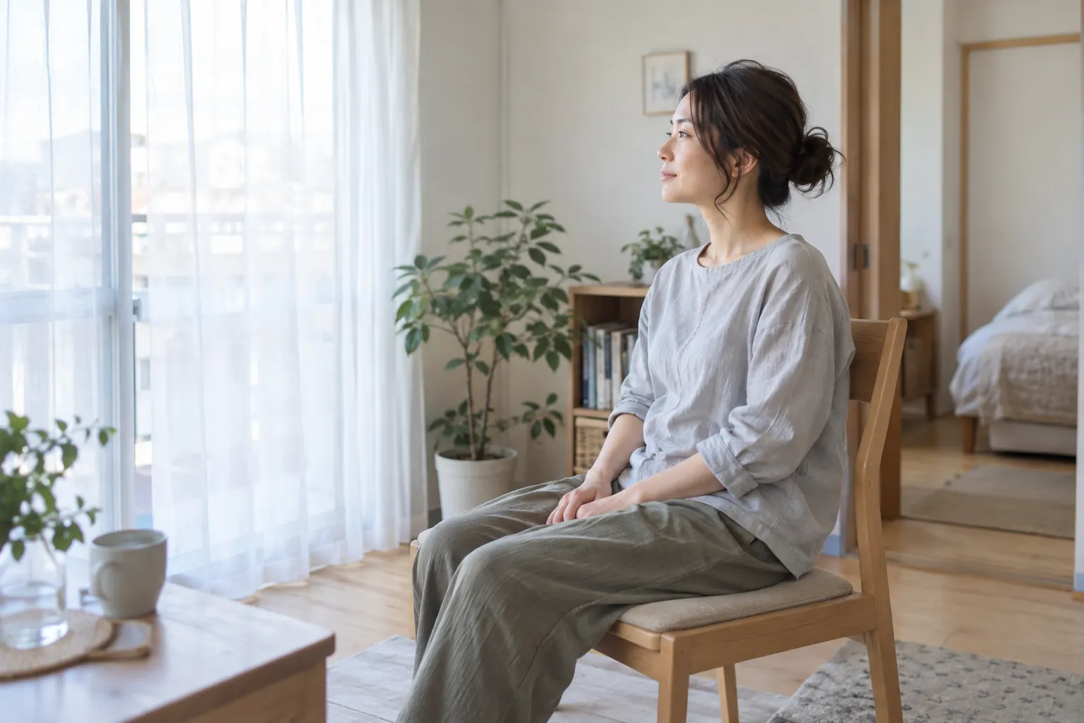 在宅ワークの合間、窓辺でひと息つく女性