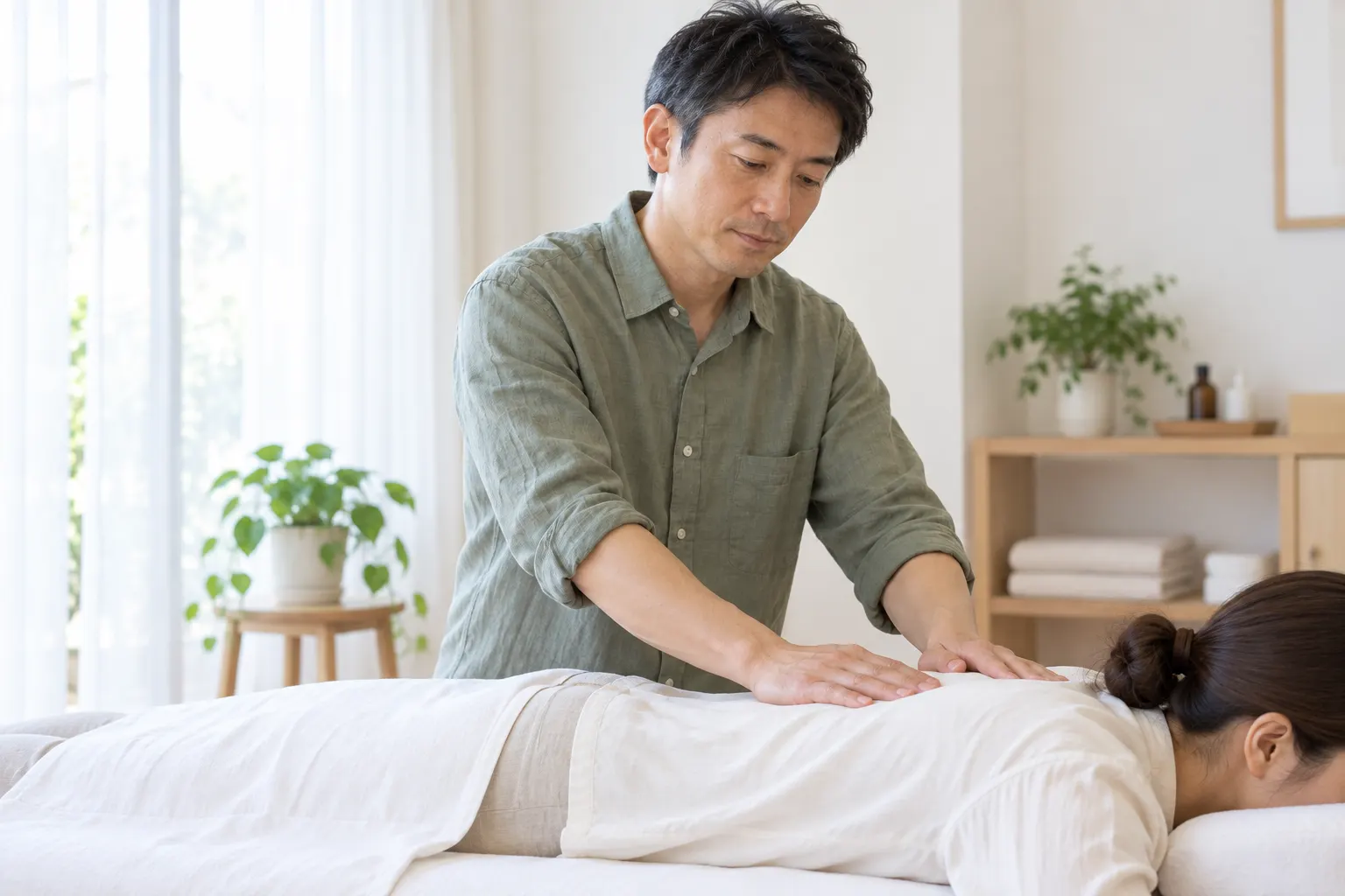 強さを確かめながら背中に手を添える森田