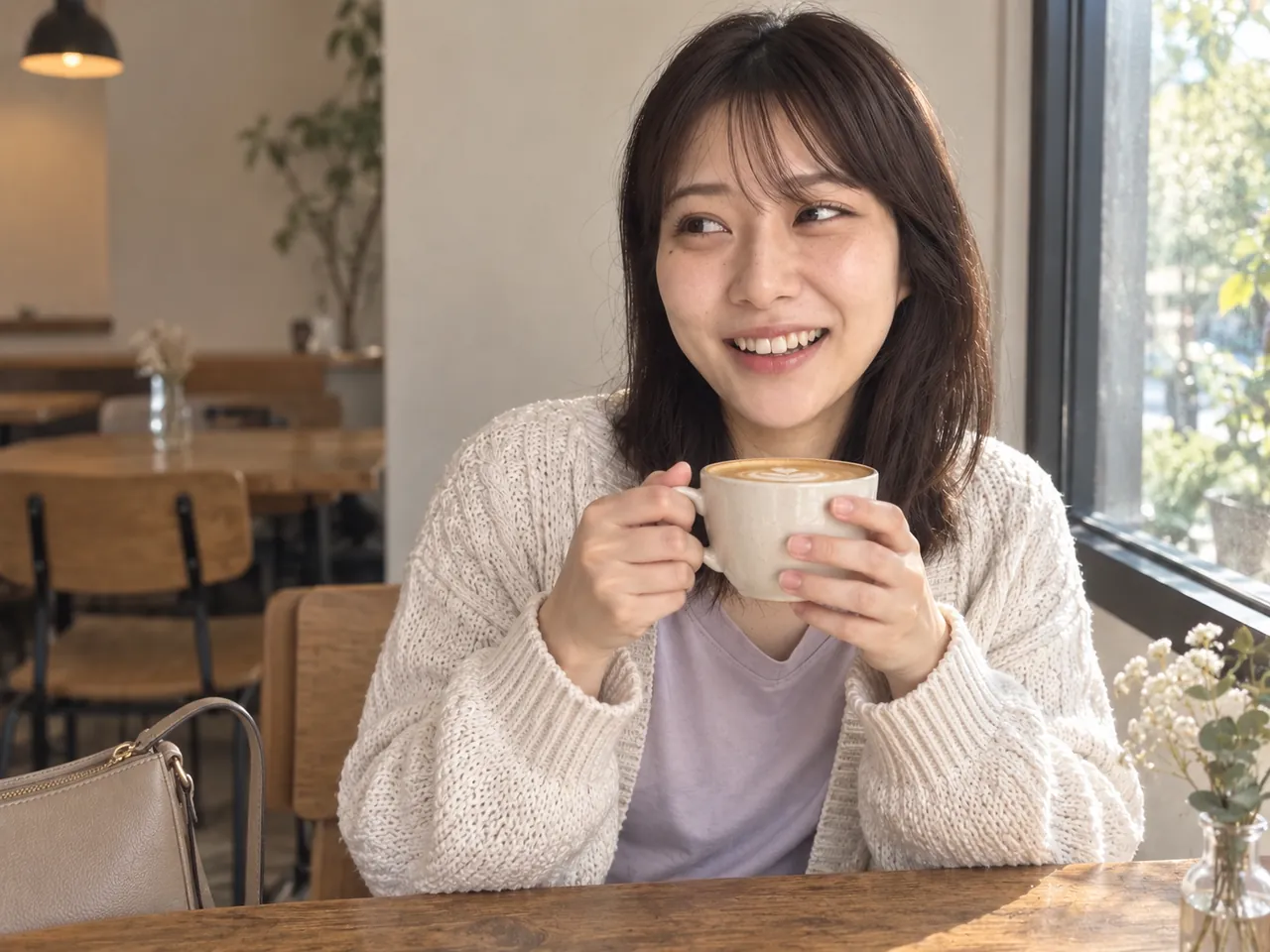 カフェでドリンクを手にひと息つくここあめ
