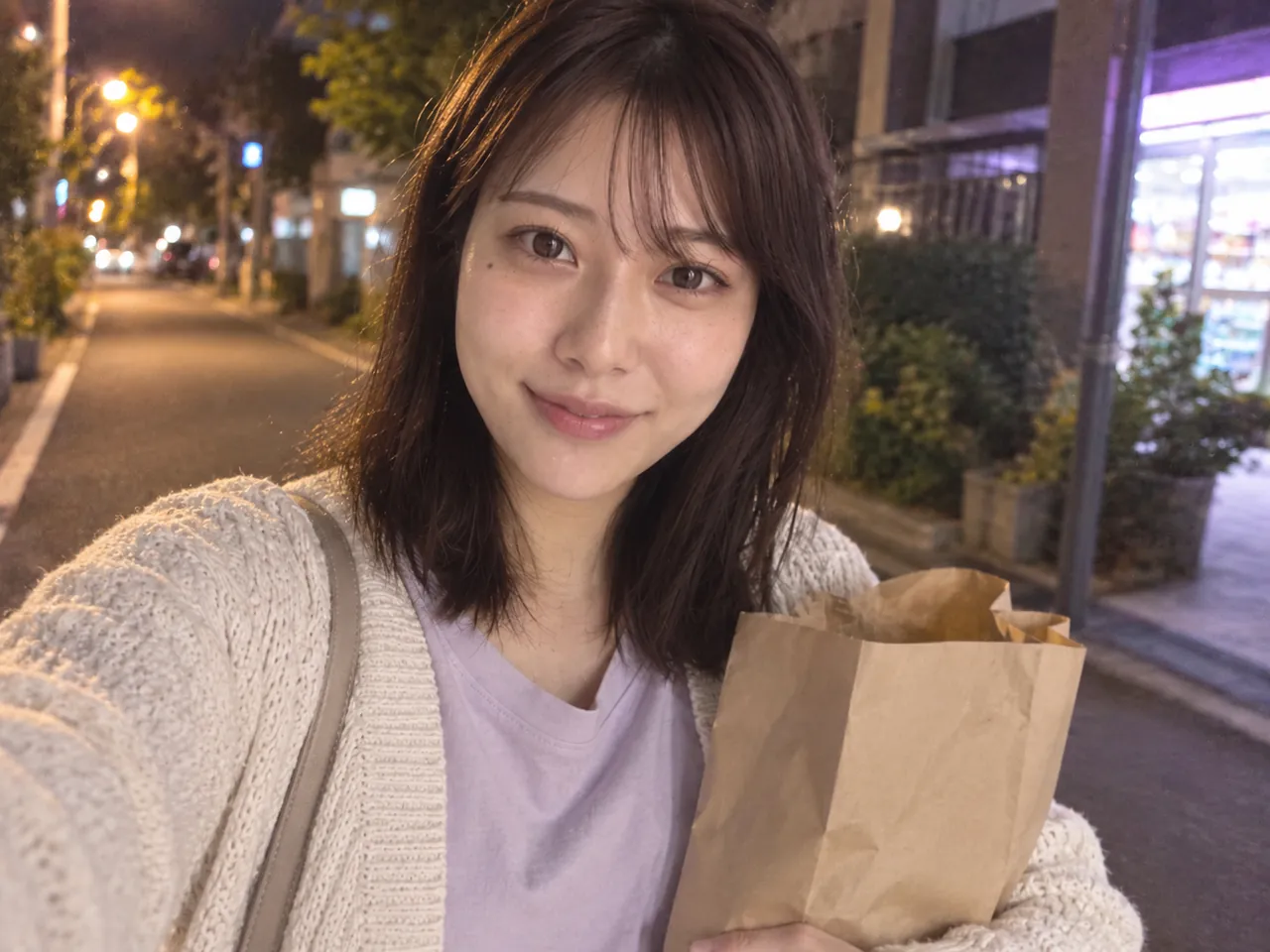 コンビニ帰りの夜道で立ち止まるここあめ
