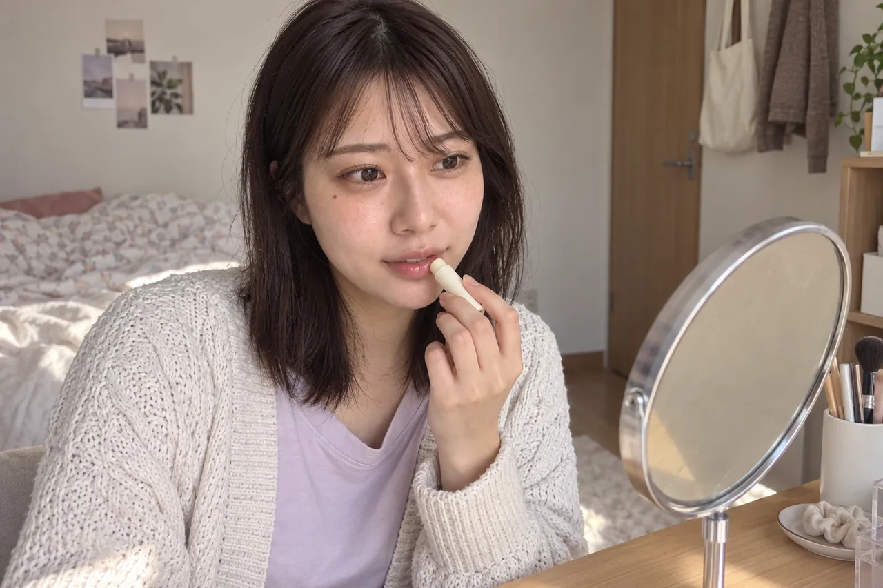 部屋でコスメを手に使い心地を確かめるここあめ