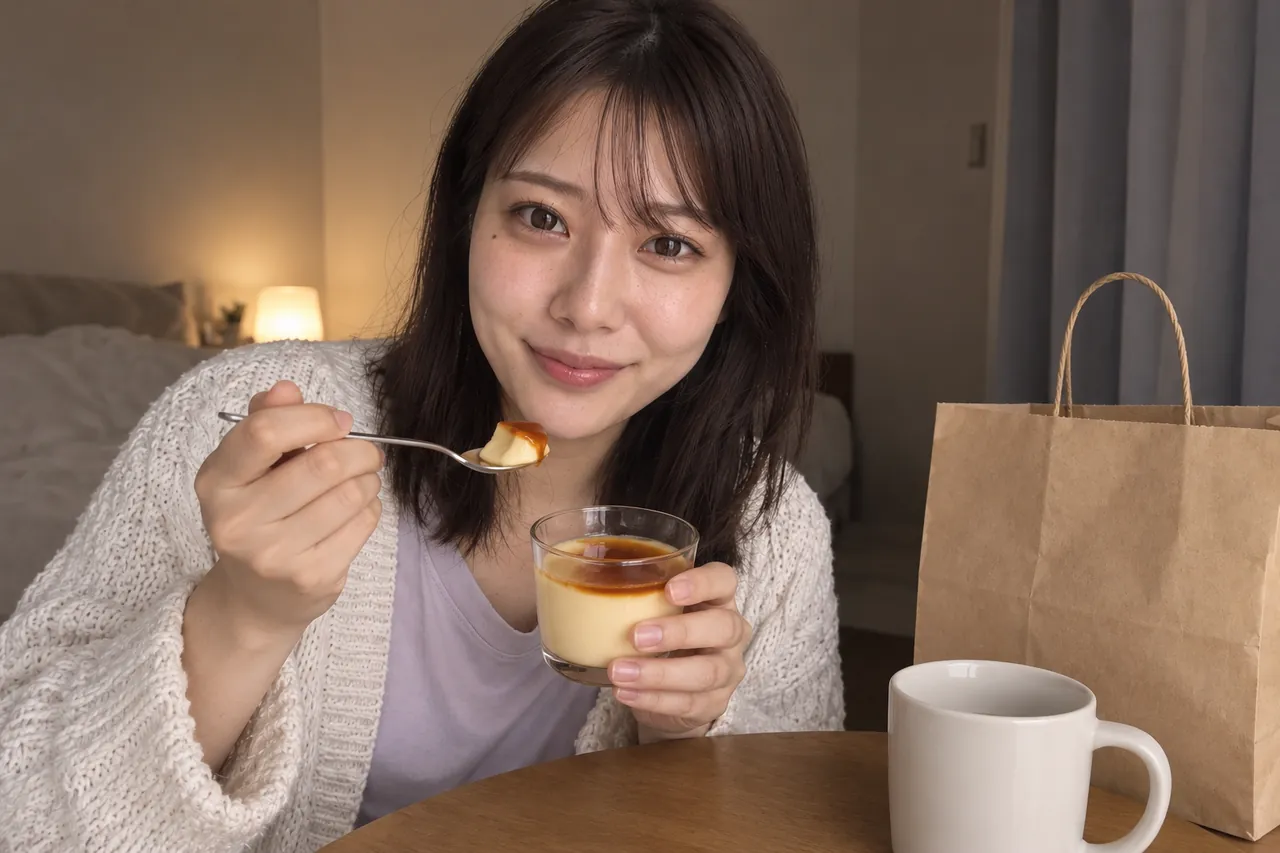 夜の部屋で食品を楽しみながら配信するここあめ