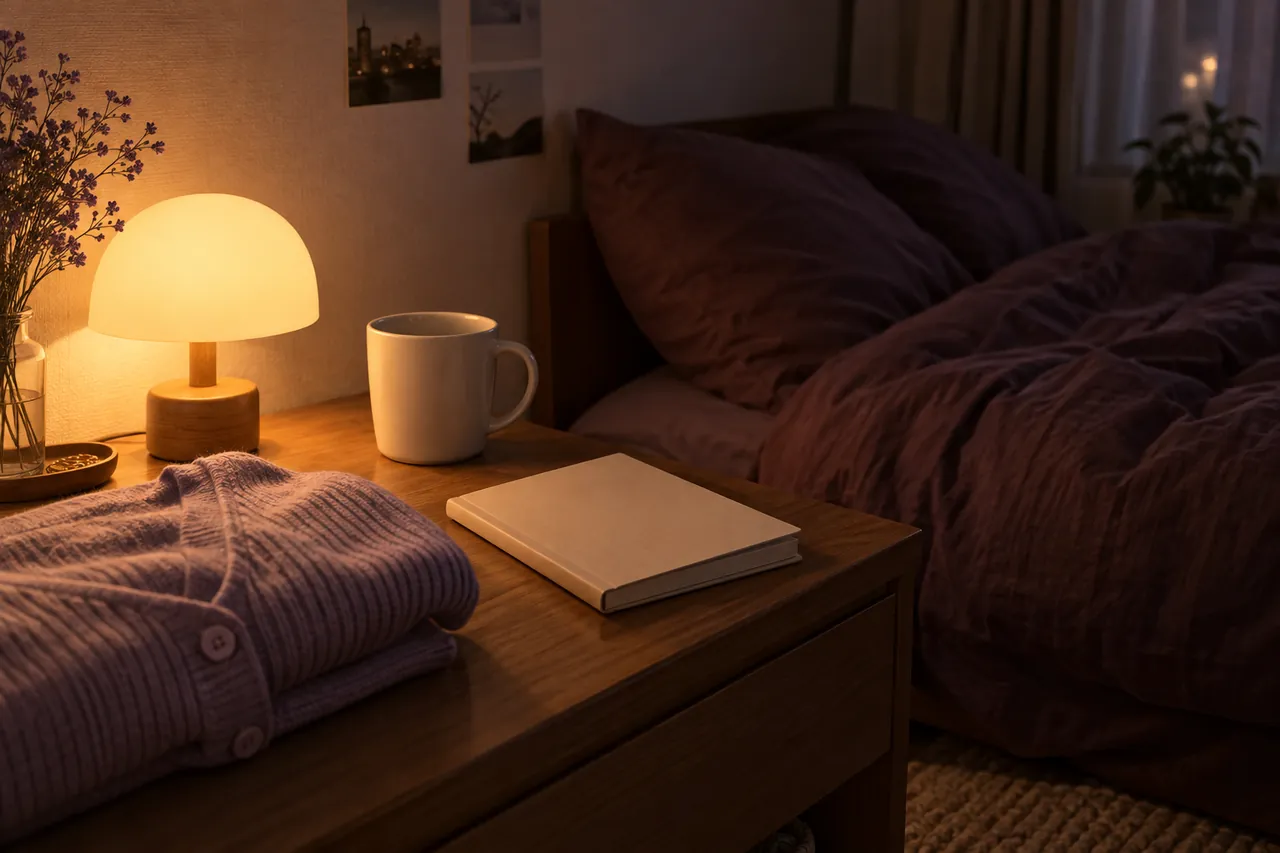 夜の部屋の照明、マグカップとノート